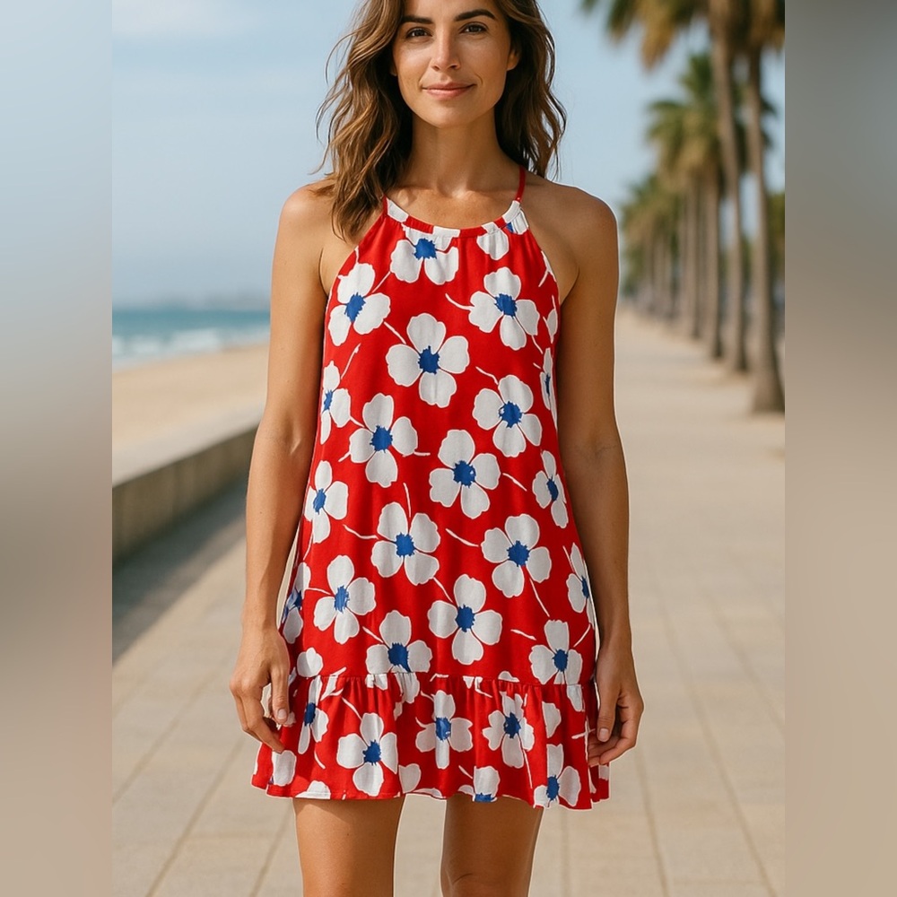 LOFT Red and White Floral Halter Summer Sundress women size medium